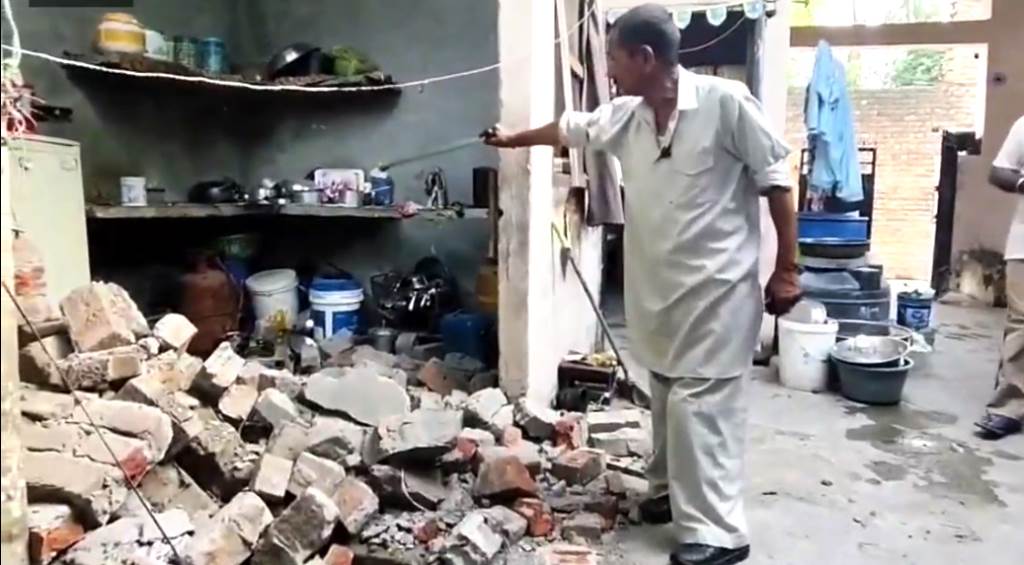 Gas cylinder pipe bursts wall collapses with loud explosion youth burns
